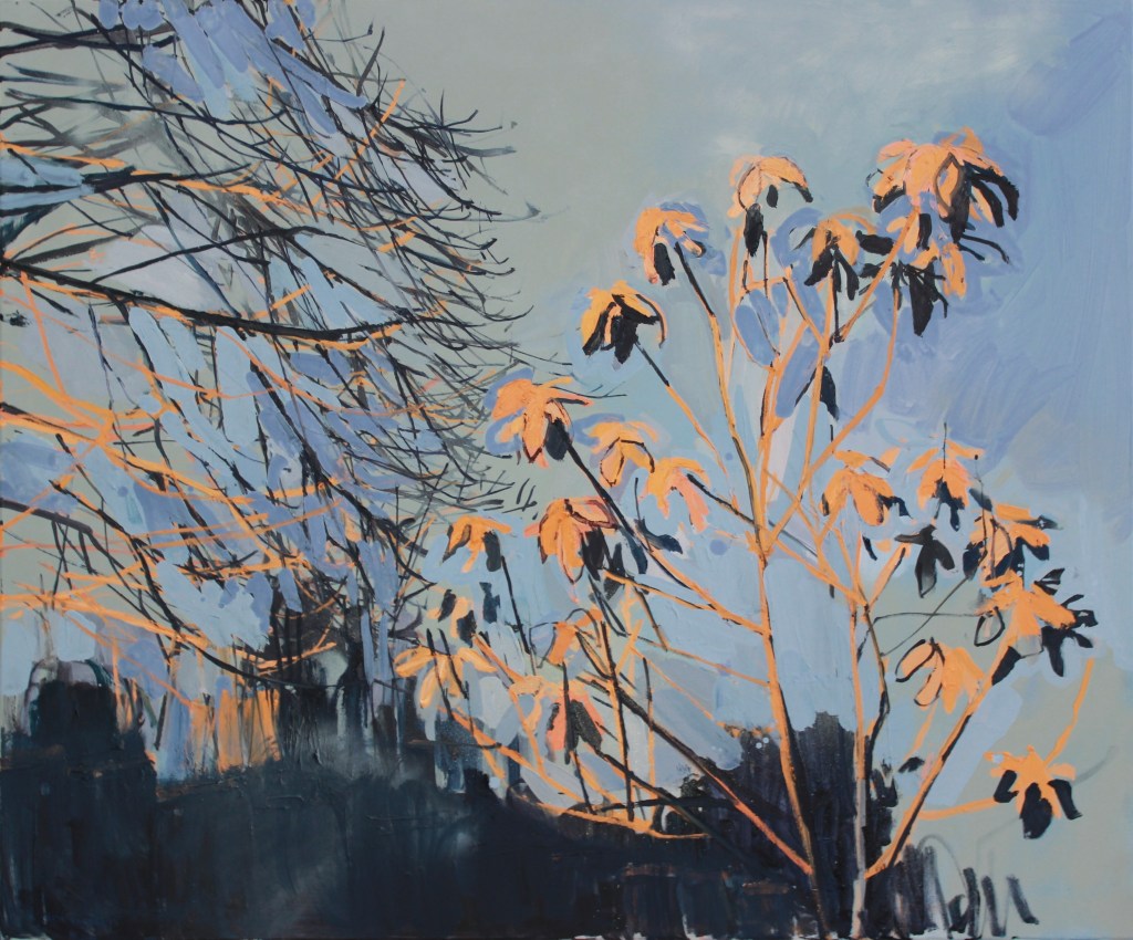 orange snow branches and grey sky