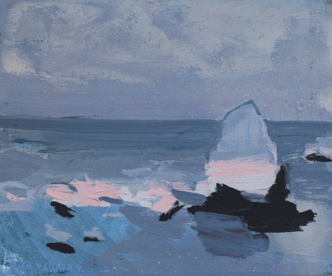 pink rocks grey sea 10 x 12in